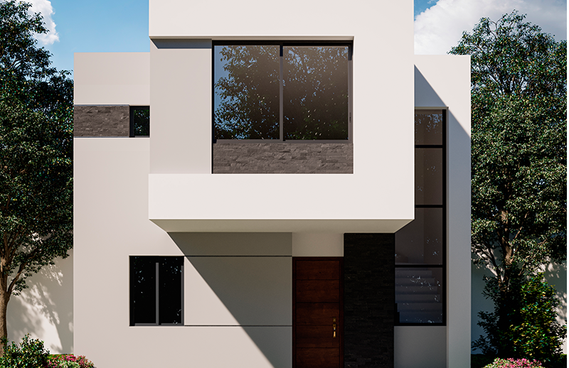 Fachada del modelo de casa Eros en el desarrollo Sonterra II en Mazatlán