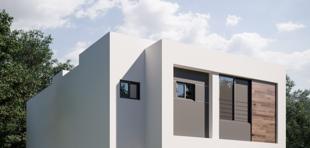 Fachada lateral del modelo de casa Hera en el desarrollo Sonterra II en Mazatlán