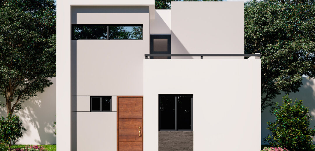 Fachada lateral del modelo de casa Bastian en el desarrollo Sonterra II en Mazatlán