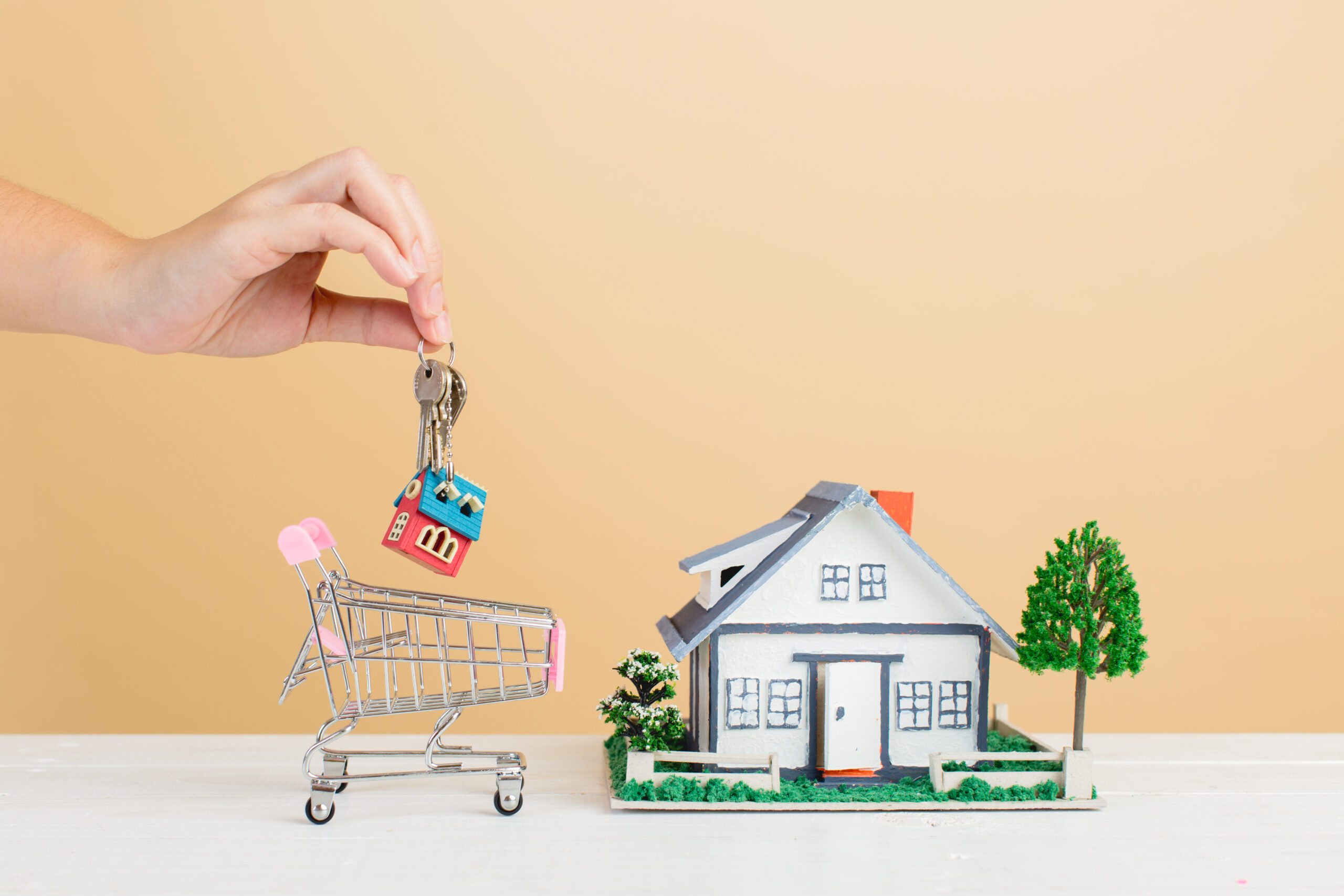 Persona sosteniendo llave con un carrito de compras y una casa