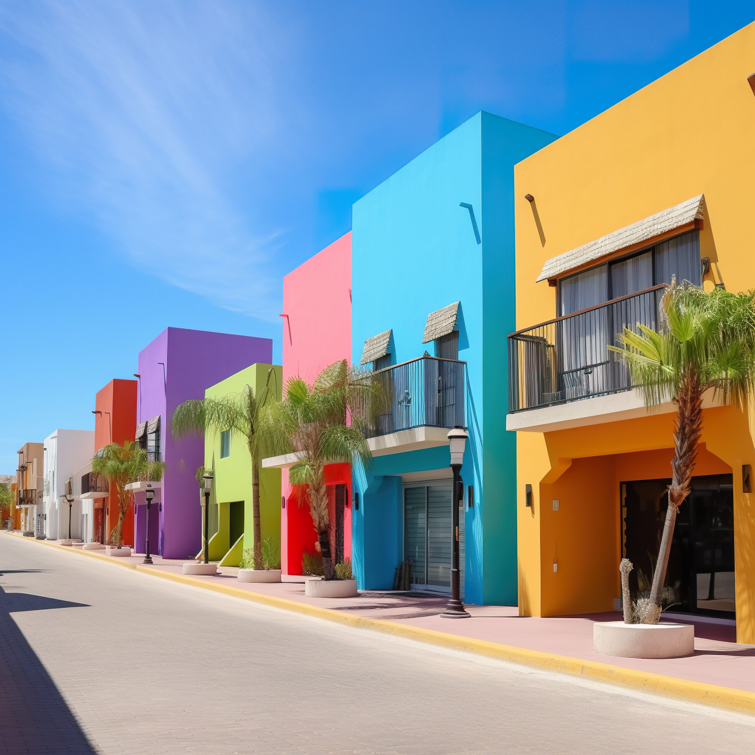 row-colorful-buildings-with-palm-trees-side-it