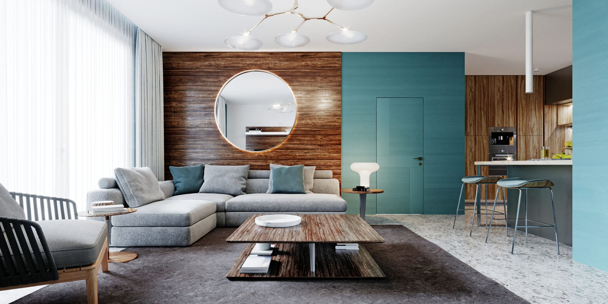 Contemporary living room studio, aquamarine walls with wooden panels and a round mirror, a white corner sofa and a black cabinet with TV.