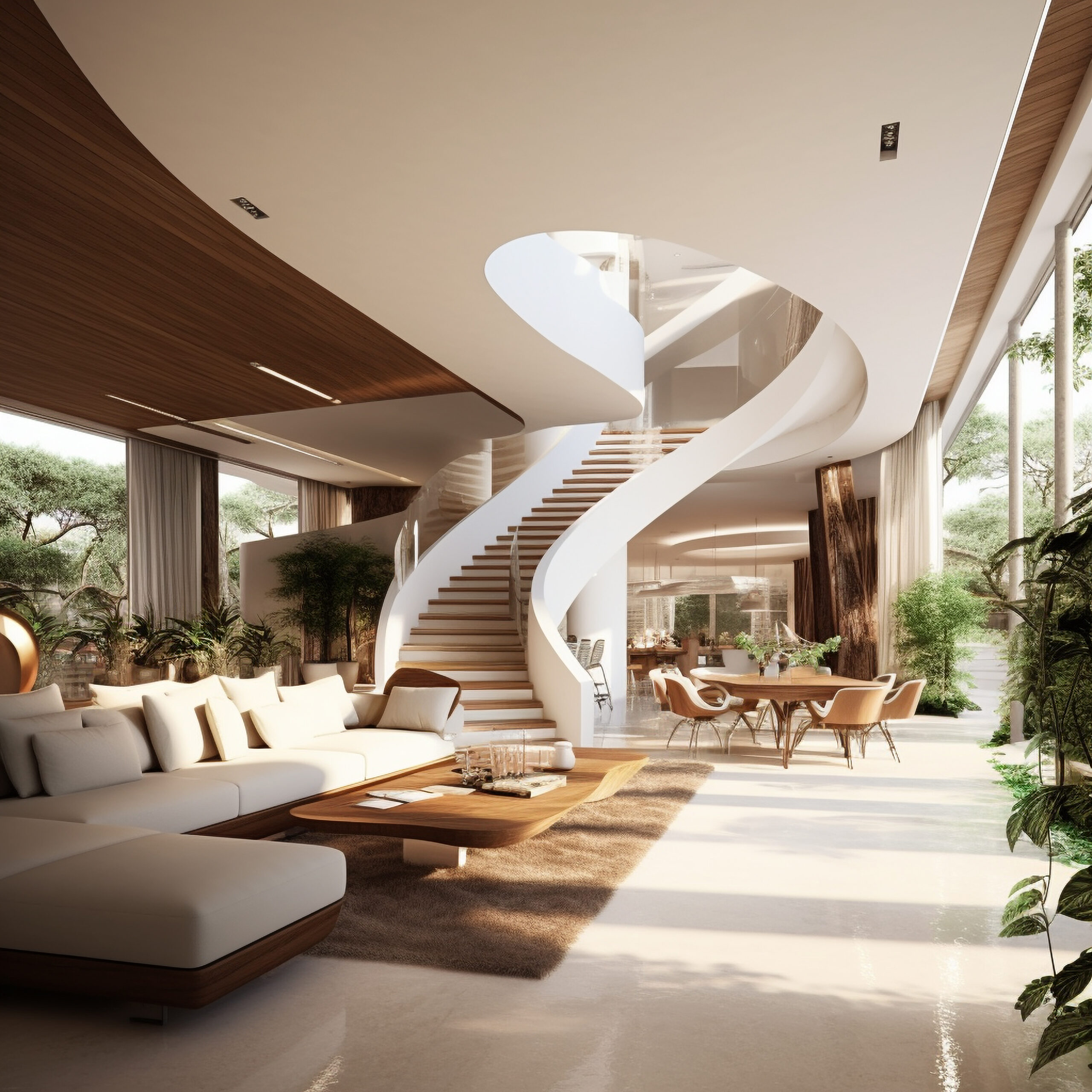 modern-house-with-staircase-that-has-spiral-staircase-plant-corner