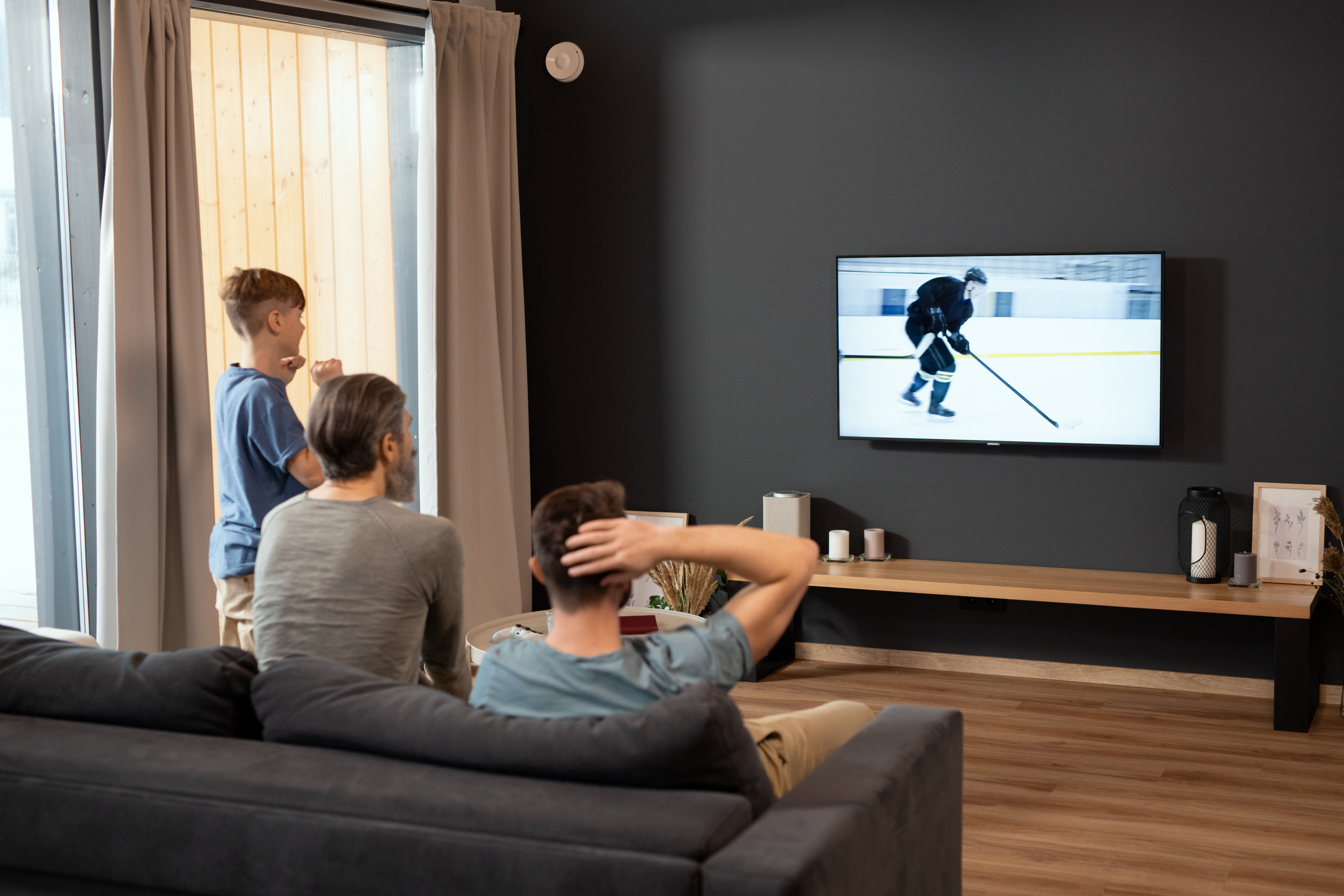Three generations of men looking at screen of tv set during hockey broadcast