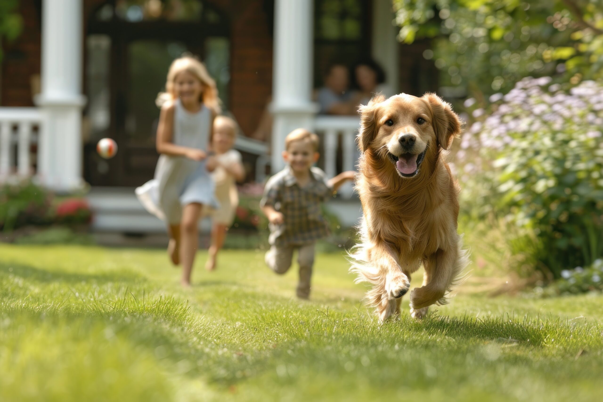 On a bright sunny day, a family enjoys quality time on their front lawn, playing with their playful dog. The children are running and laughing, while the parents watch with smiles of happiness. The