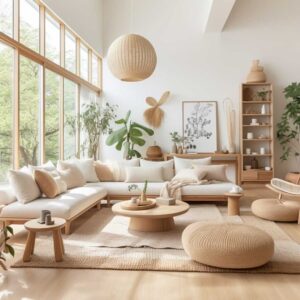 Sala Estilo Japandi acceso de Luz Natural colores neutros, plantas y resaltan los acabados en madera