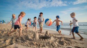 Grupo de niños jugando en la arena de la playa con una pelota playera