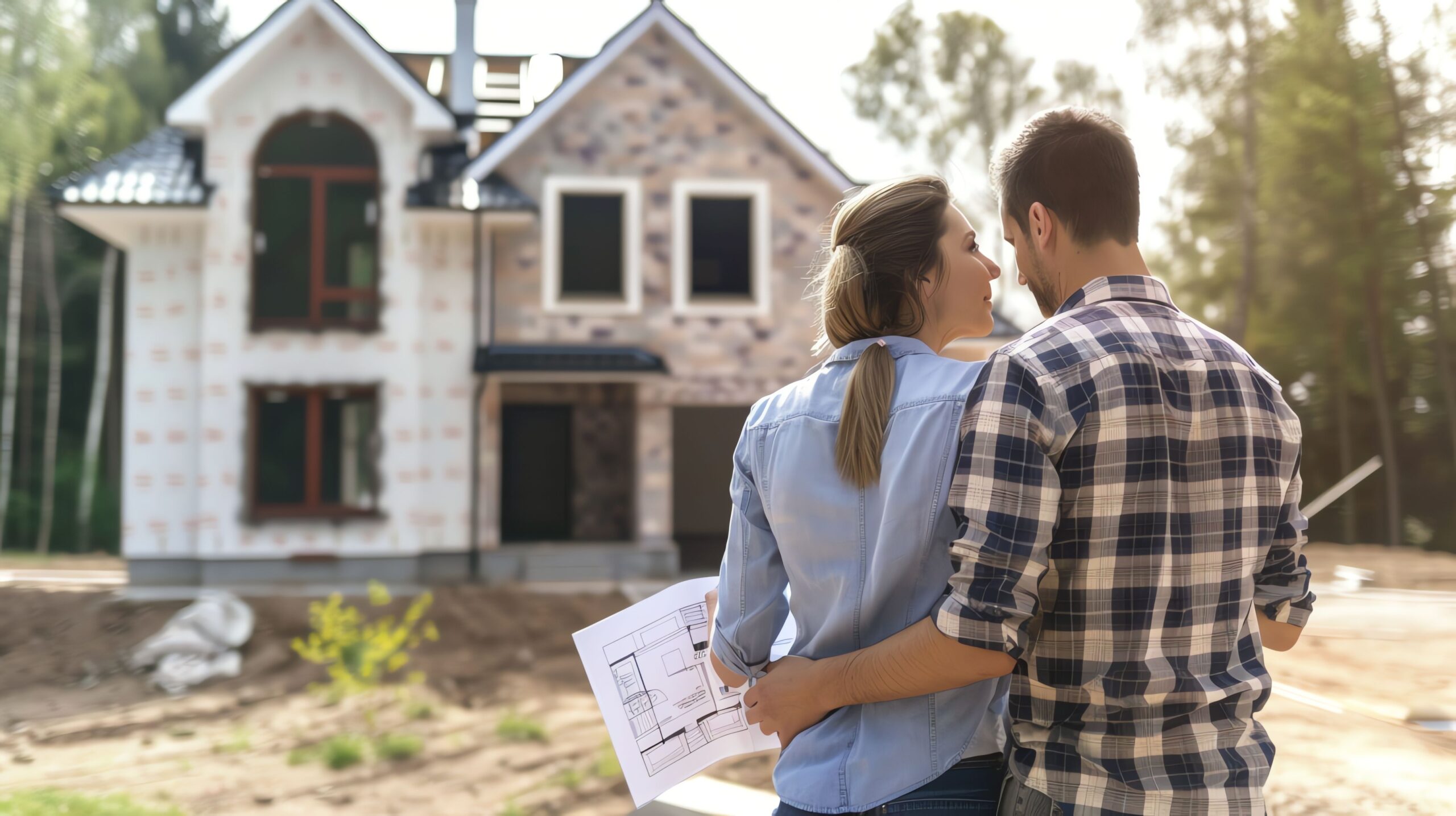 couple-looking-house-plans-while-standing-front-their-new-house-construction