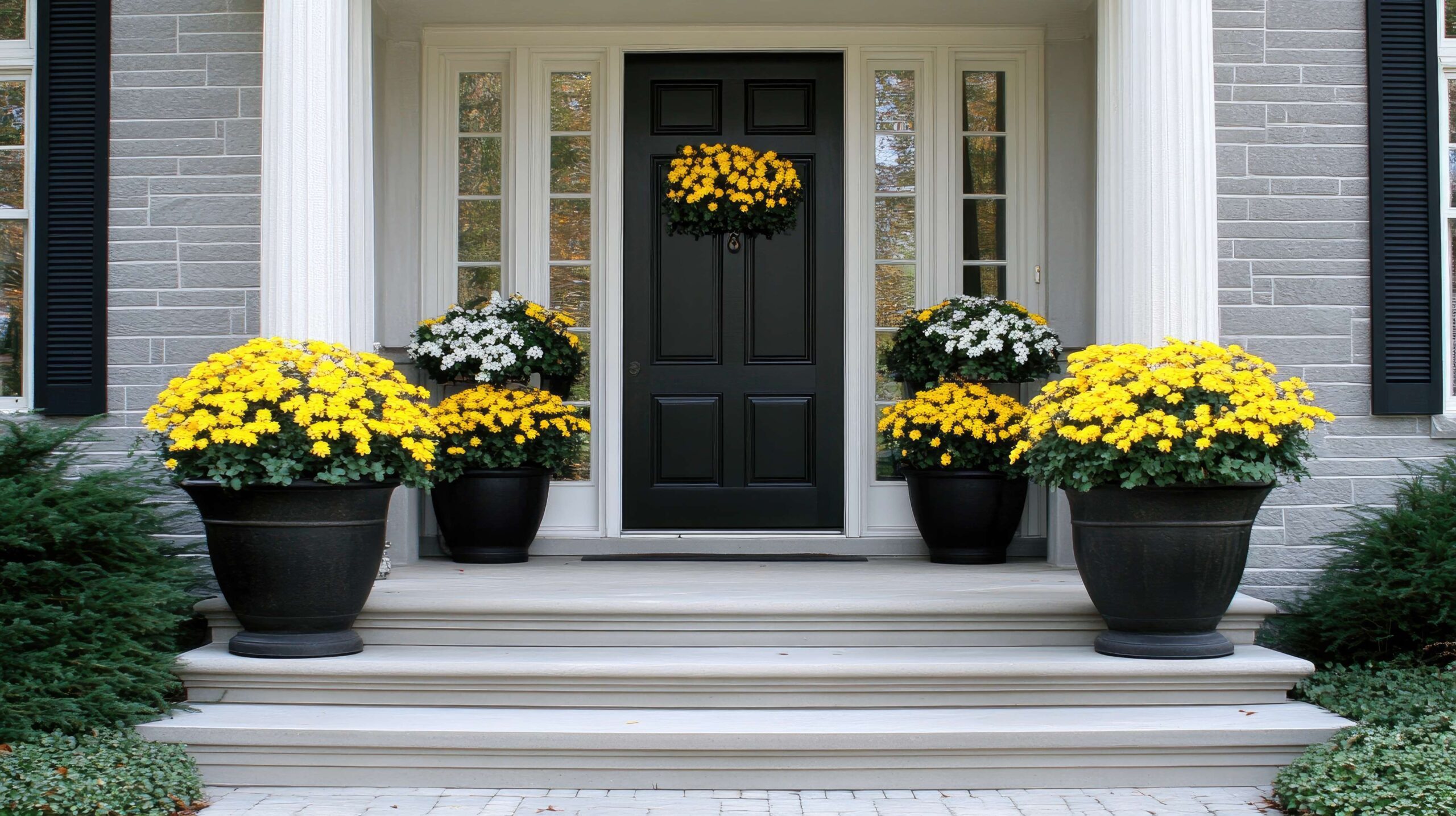 stunning-modern-home-entrance-features-sleek-grey-stone-walls-black-garage-door-wooden-stairs-adorned-with-yellow-flower-pots-either-side