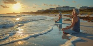  Dos mujeres de la tercera edad realizando meditación a la orilla de la playa