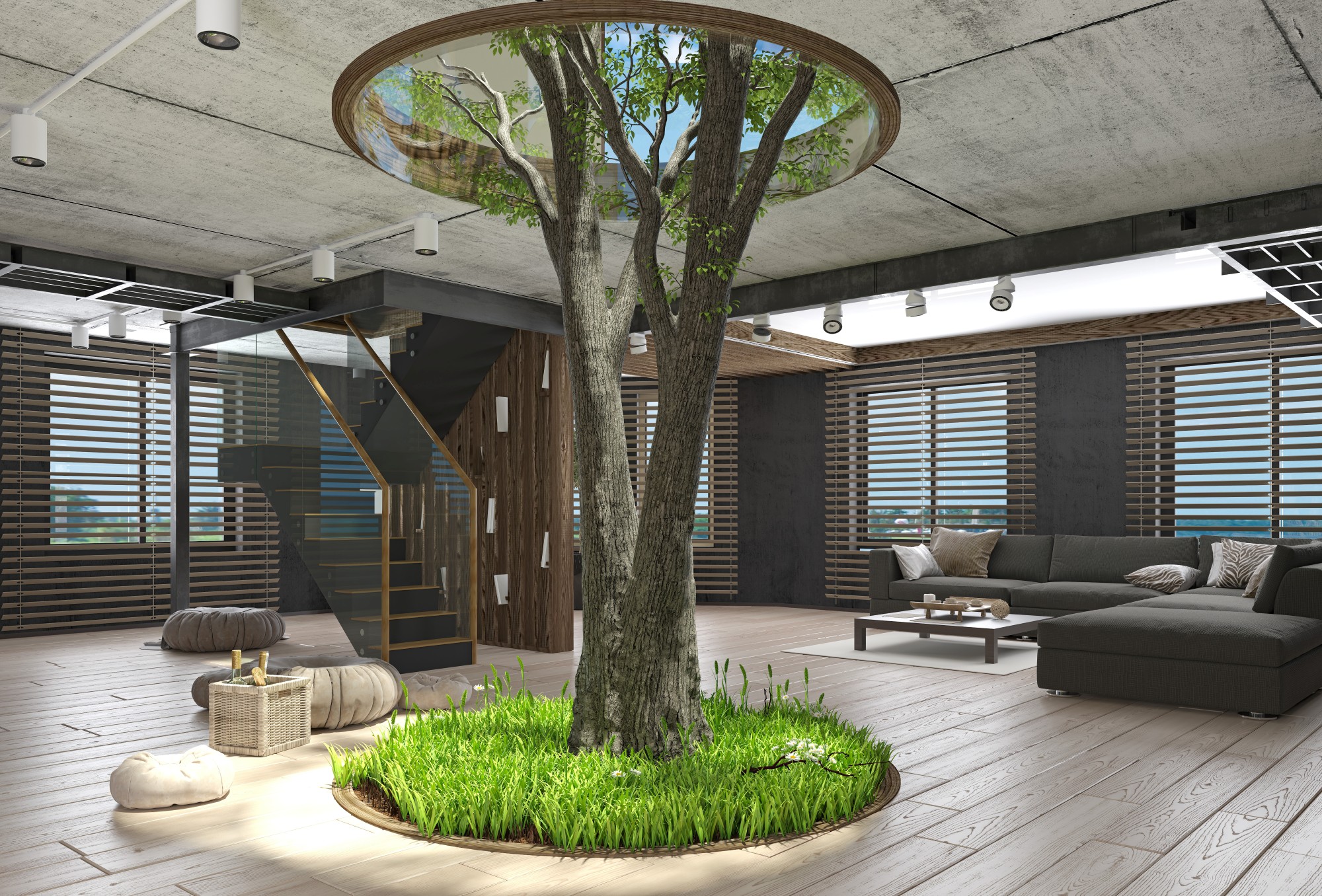 Diseño-biofilico-interior-moderno-tipo-loft-con-el-arbol-dentro-del-hogar