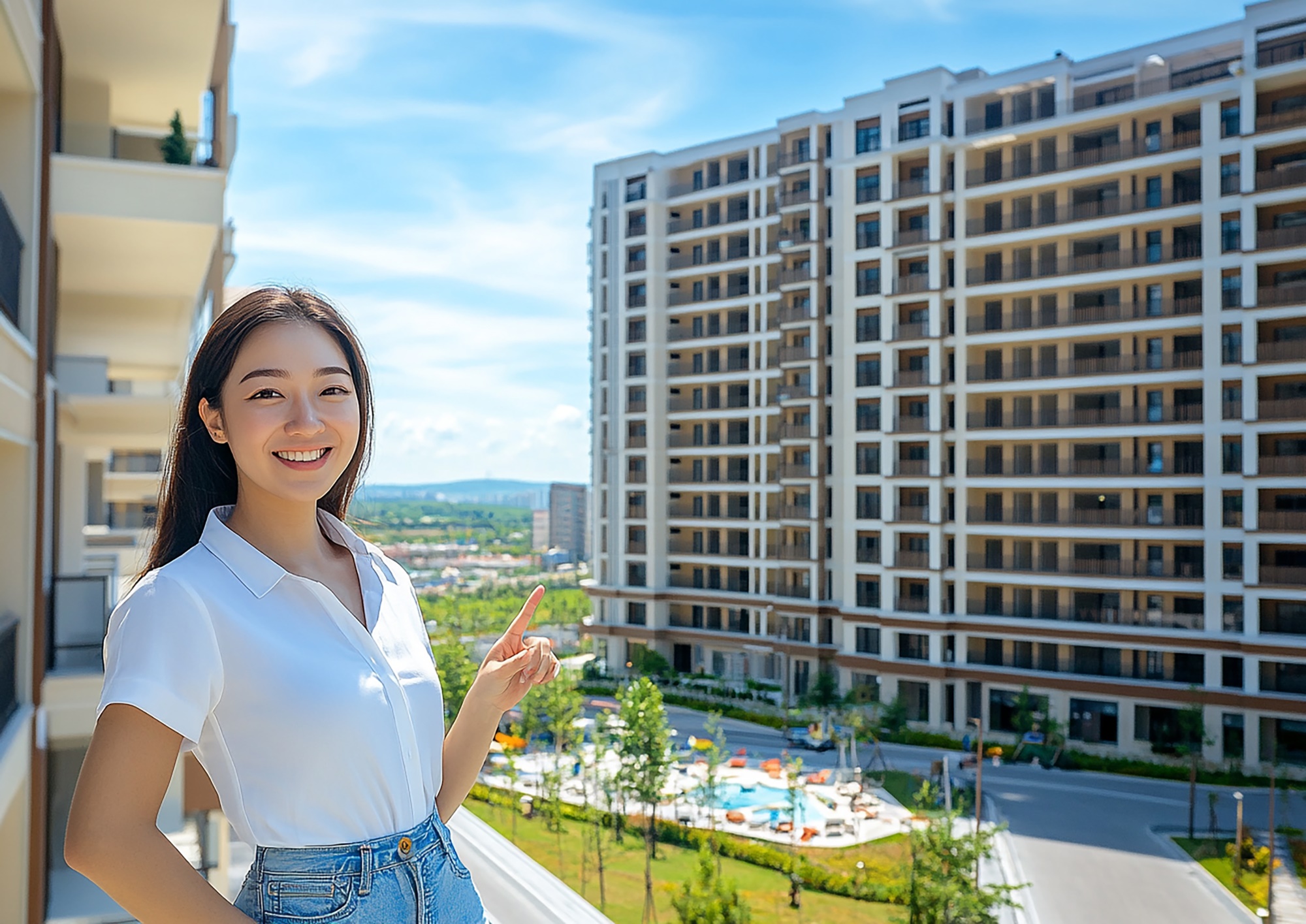 joven-hermosa-senalando-el área comun de los condominios