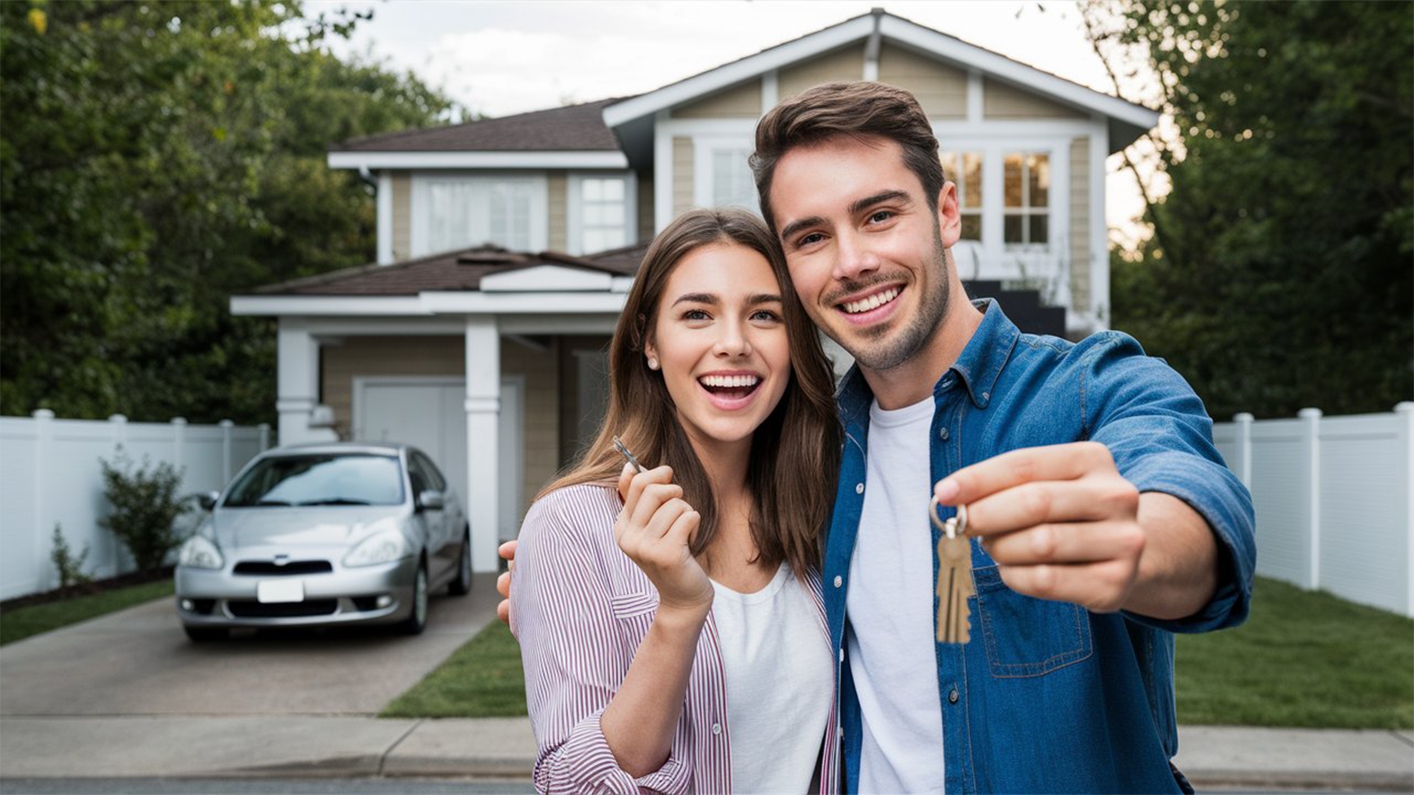 Pareja joven feliz con su casa y carro de fondo mostrando las llaves del hogar