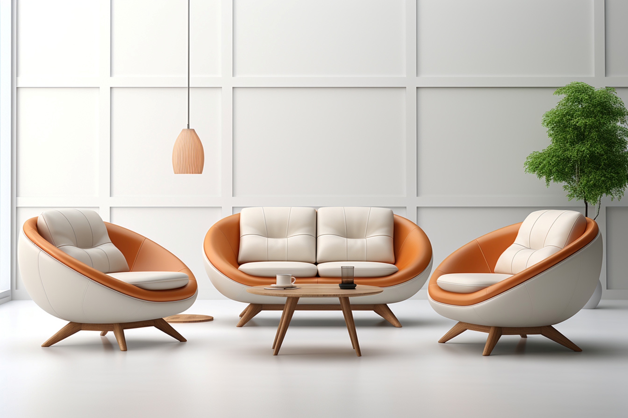 Sala moderna diseño ergonomico colores beige y terrosos con toques en madera ad hoc a la tendecia decorativa de otoño 2025